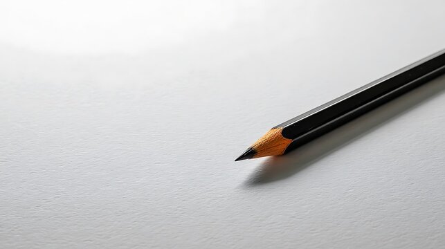 Black wooden pencil with a sharpened tip resting on a white textured paper surface
