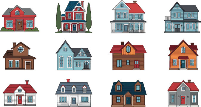 House collection with different residential buildings, cottages and suburban homes, architecture facade vector illustration set