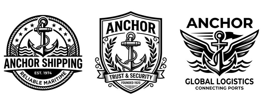 Set of vintage maritime and logistics logos featuring anchors, nautical emblems for shipping and global transport companies.