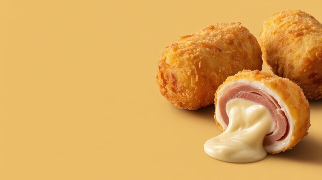 Golden spanish ham croquettes with melted cheese filling