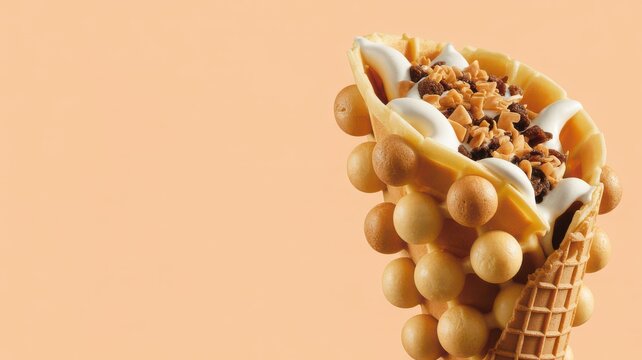 Crisp bubble waffle folded into a cone with ice cream and toppings