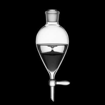 Glass separating funnel with two immiscible liquids, clear and dark isolated on a transparent background