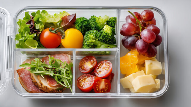 open lunch box with neatly arranged food compartments clean bright photography style