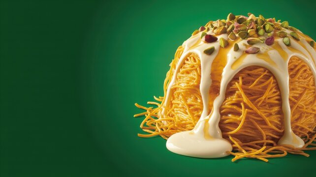 Golden shredded pastry layered with molten white cream and pistachios