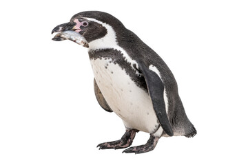 Humboldt penguin holding a fresh fish in its beak, isolated on white background, showcasing wildlife feeding behavior and natural detail © MJ iceberg