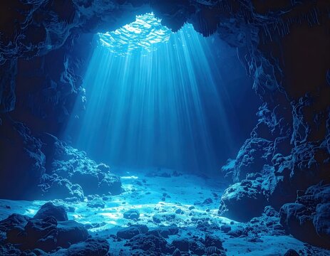 Underwater view from inside a dark sea cave with mystical blue light rays piercing through the surface water, serene marine nature background