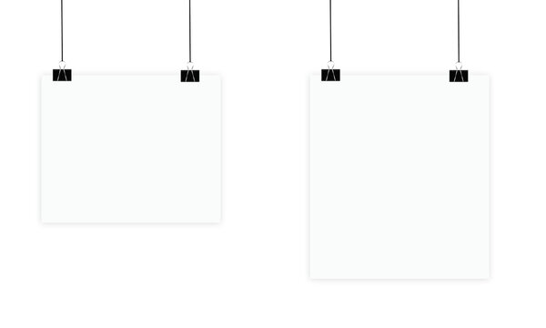 Minimal hanging paper mockup with clips on a transparent background, blank poster template