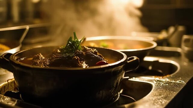 The captures a cozy cooking scene with pots and pans filled with simmering, aromatic dishes being prepared on a stove top.