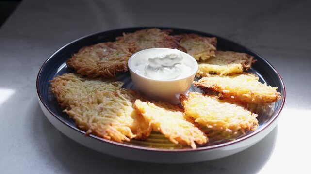 Woman pouring sour cream over crispy potato latkes served on plate at Hanukkah. Traditional fried pancakes with savory condiment for festive Jewish holiday