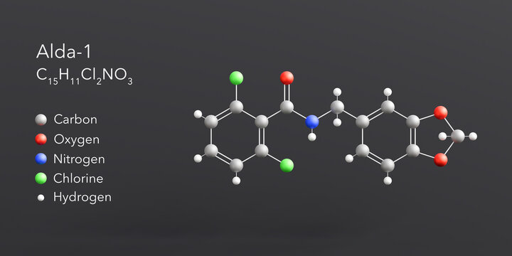 alda-1 molecule 3d rendering, flat molecular structure with chemical formula and atoms color coding