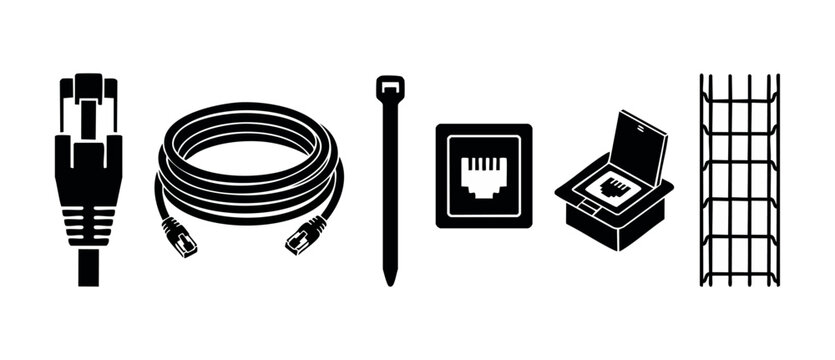 Ethernet cable network installation icons set, RJ45 connector, patch cord, cable tie, wall socket, floor box and mesh cable tray for professional structured cabling infrastructure and IT communication