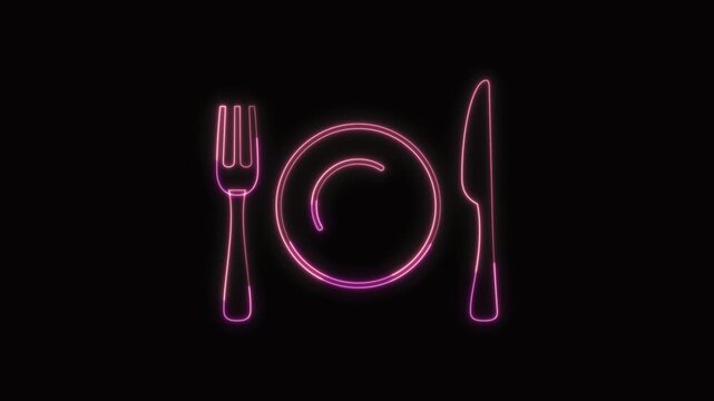  Fork and Knife with Plate Icon Neon Seamless Loop 4K with Black Background Animated Promotional Typography for Video Editing