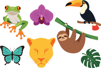 Obraz premium Tropical Animal and Plant Icon Set with Parrot, Frog, Orchid, Lion, Sloth, Toucan, and Butterfly for Websites, Apps, and Digital Media Designs.