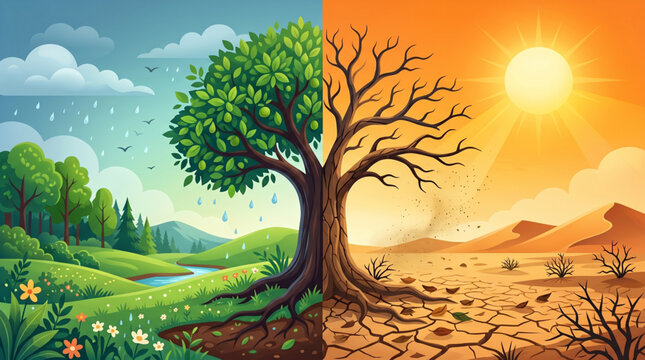 Conceptual split screen illustration showing lush green forest versus dry cracked desert for global warming and climate change awareness banner
