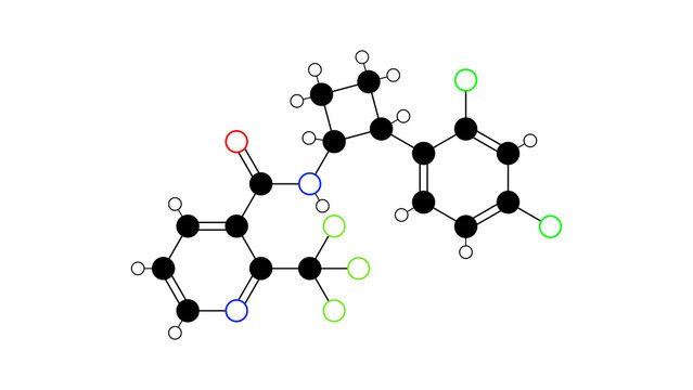 cyclobutrifluram molecule, structural chemical formula, ball-and-stick model, isolated image succinate dehydrogenase inhibitor