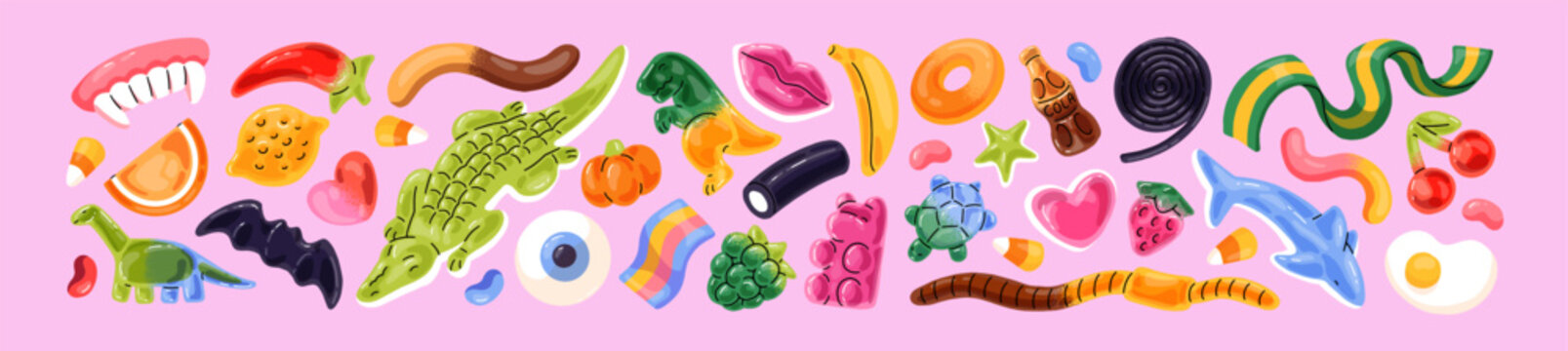 Different jellies set. Sweet gummy bears, sour worms, rainbow strips and licorice. Fruit marmalade, gelatin candies with funny shapes. Chewing confectionery. Flat isolated vector illustrations