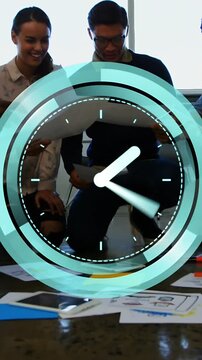 Vertical video: Design team joining, reviewing docs and tossing pages while clock overlay animating