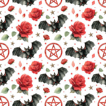Watercolor gothic seamless pattern with red roses, bats and pentagrams.