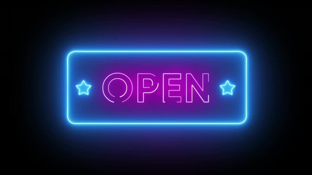 pink glowing neon open now sign text with blue frame background, Animated Neon Open button text, service available