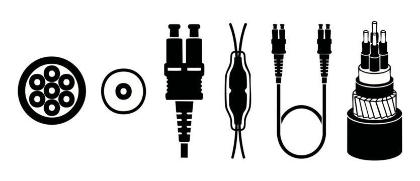 Fiber Optic Cable Icons Set, Internet Network Connectivity Symbols, Communication Technology Hardware Diagrams, Data Transmission Connectors and Structure Cross Section Vector Illustration Black Silho