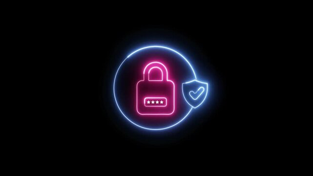 glowing neon pad lock cyber security icon animation with circle and approve sign data safe, Safety, cyber security, privacy, password protection concept, padlock icon animation