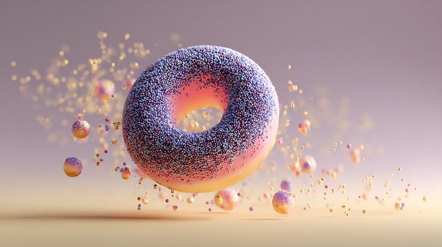 Pink and purple donut with floating sprinkles and spheres on gradient background