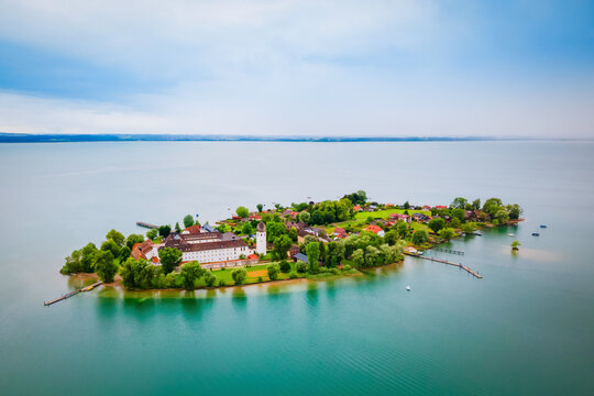Frauenchiemsee Abbey aerial panoramic view, Bavaria