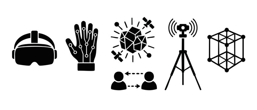 Virtual Reality Technology Icons Set for Metaverse and Digital Communication, Featuring VR Headset, Data Glove, Satellite Connectivity, Wireless Signal Tower, and Geometric 3D Mesh Structures for UI D
