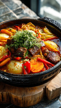 Traditional Uzbek Dimlama - Slow-Cooked Layered Meat and Vegetable Stew in a Rustic Pot Flat Lay