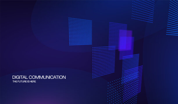 Abstract technology 3D background with digital neon tech square and perspective for big data concept. Party dots grid with tunnel blue led light. 