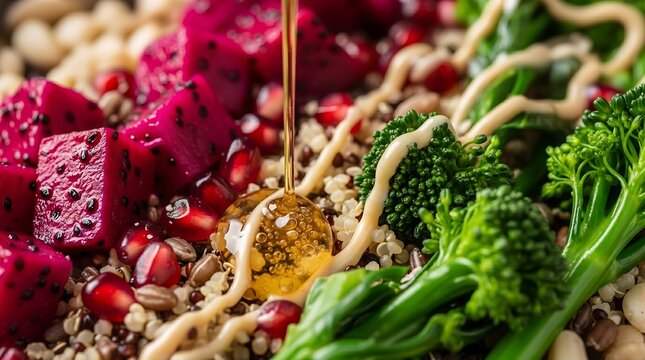 Vibrant Superfood Bowl with Dragon Fruit, Broccolini, and Quinoa Drizzled with Dressing