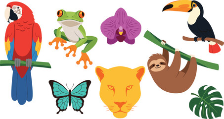 Obraz premium Tropical Wildlife and Nature Icon Set with Parrot, Frog, Orchid, Sloth, Toucan, Butterfly, Lion, and Tropical Plants for Websites, Apps, and Digital Media Designs.