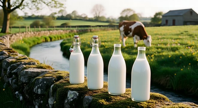 Row of glass milk bottles on a mossy stone wall by a river and cow