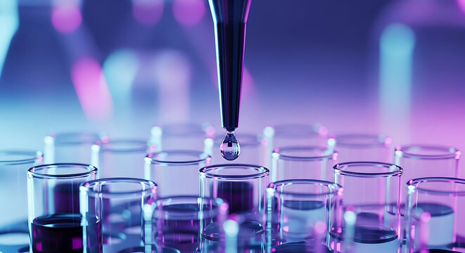 Close-up of a pipette dropping liquid into a rack of test tubes in a laboratory, illuminated with vibrant blue and pink lighting.