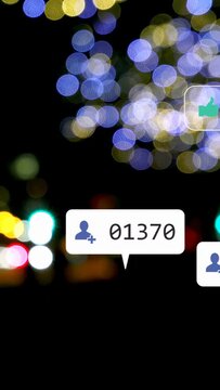 Vertical video: On new alert, social bubbles popping in, floating over bokeh, updating counters