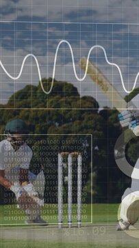 Vertical video: Batter stepping and swinging bat on delivery to face ball, sports HUD globe rising