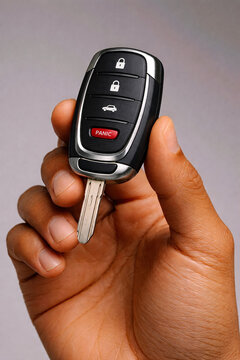 Close-up of hand holding car key fob remote with buttons, grey background