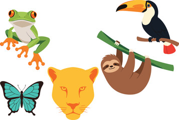 Obraz premium Tropical Wildlife Icon Set with Parrot, Frog, Lion, Sloth, Toucan, and Butterfly for Websites, Apps, and Digital Media Designs.
