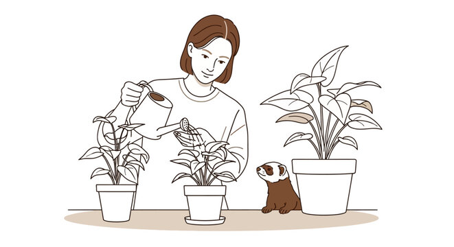 Woman caring for houseplants with pet ferret at home