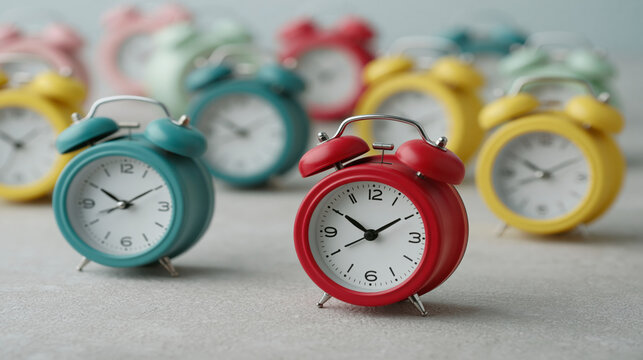 Colorful Collection of Miniature Alarm Clocks on a Neutral Surface