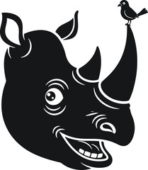 Stylized silhouette of a rhino head with a bird perched on its horn and a funny expression. © Sadhin