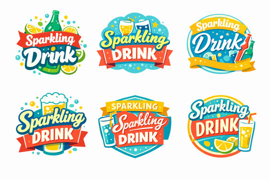 Sparkling drink concept badge collection for refreshment, soda, citrus beverages, and summer party themes