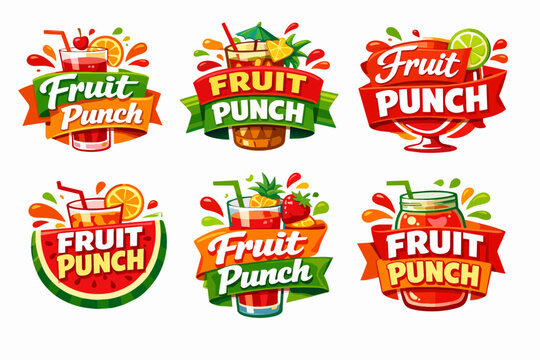 Fruit punch logo collection with refreshing summer beverage branding and juicy fruit splashes