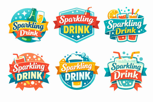 Sparkling drink logotypes and labels, refreshing beverages, juice, cocktail, soda, and bubbly liquid branding designs