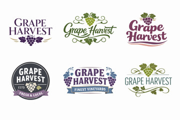 Obraz premium Grape harvest logos set displaying vine leaves and fruit clusters for winery, vineyard, and wine branding