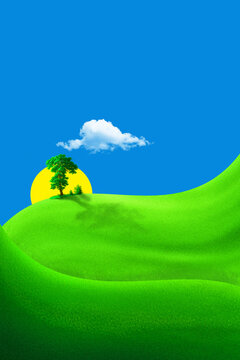 3D illustration of vibrant green hills with yellow sun, tree, and blue sky