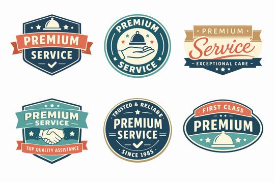 Collection of premium service badges with cloche, handshake, and checkmark symbols, indicating quality and care