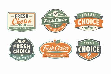 Obraz premium Labels and badges with text fresh choice, design elements of leaves, stars, and checkmarks, in vintage style