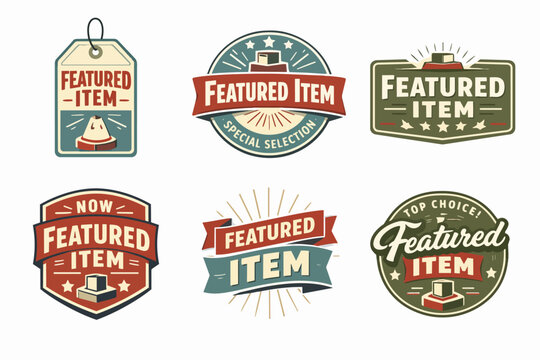 Featured item badge and label collection showing marketing retail promotion with retro vintage style design