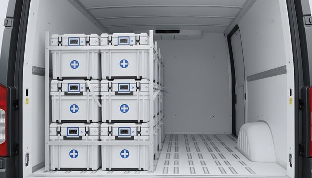 Refrigerated medical delivery van cargo with secured insulated containers for reliable pharmaceutical cold chain distribution